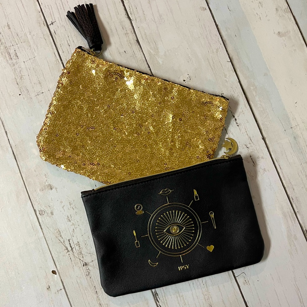 Ipsy Coordinating Cosmetic Bag Bundle, Set of 2, Black with Gold Sequins